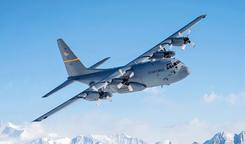 A C-130 Hercules from Alaska Air National Guard’s 144th Airlift Squadron flies over Denali National Park and Preserve in 2017 (Staff Sgt. Edward Eagerton, US Air Force)